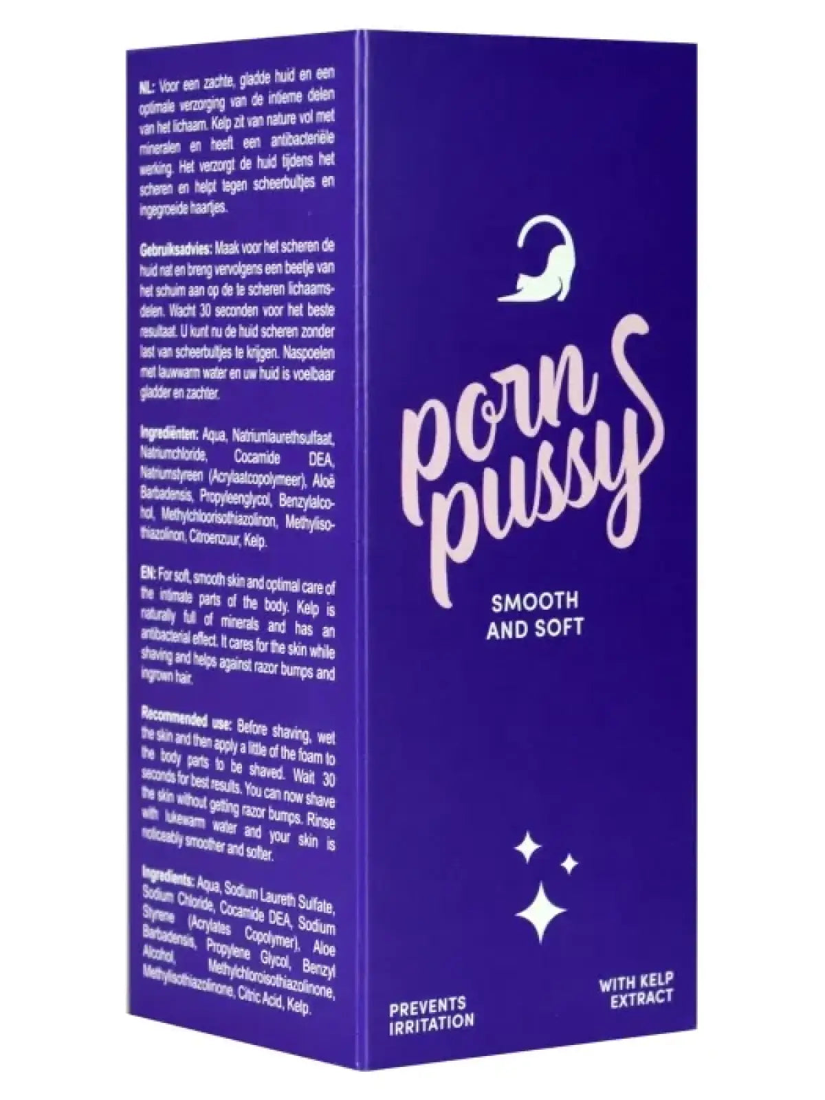 Porn Pussy karvanpoistovaahto tekee ihosta pehmeän ja sileän sekä hoitaa herkkiä intiimialueita. Luonnostaan mineraalipitoisella rakkolevällä (kelp) on antibakteerinen vaikutus.