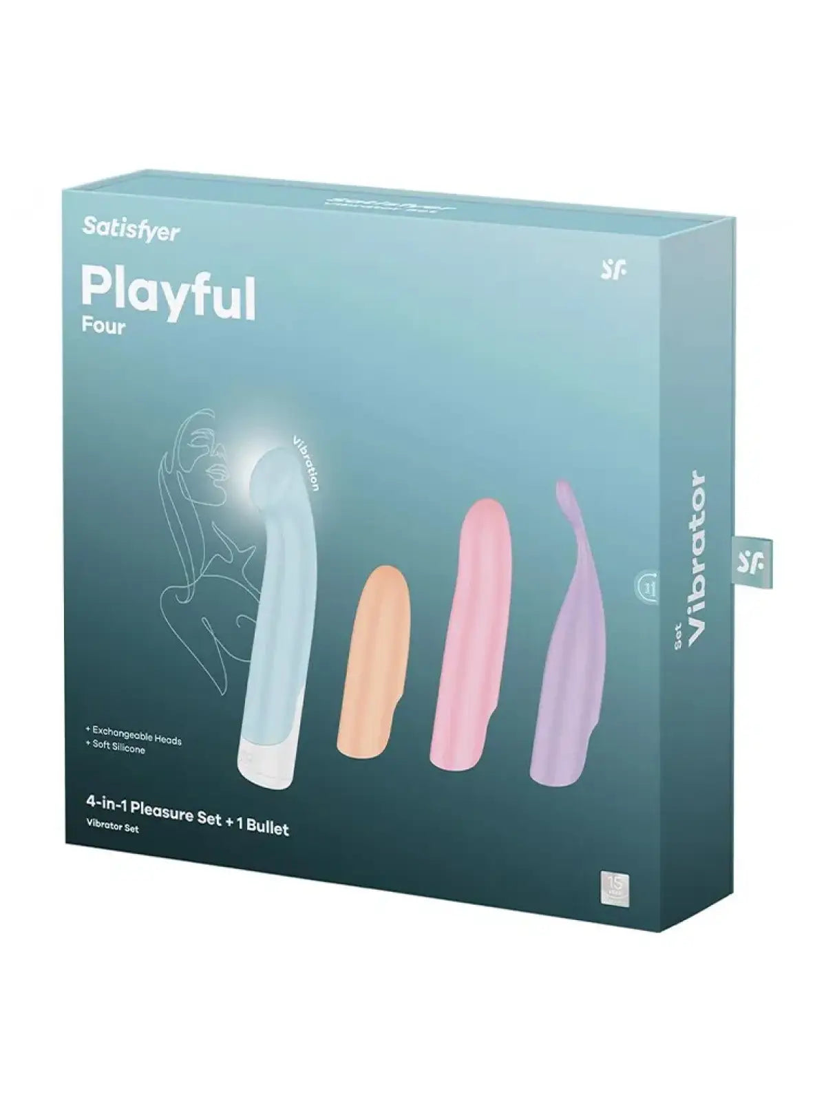 Satisfyer Playful Four on monipuolinen vibraattorisetti, jossa neljä vaihdettavaa suutinta tarjoaa erilaisia nautintotapoja.