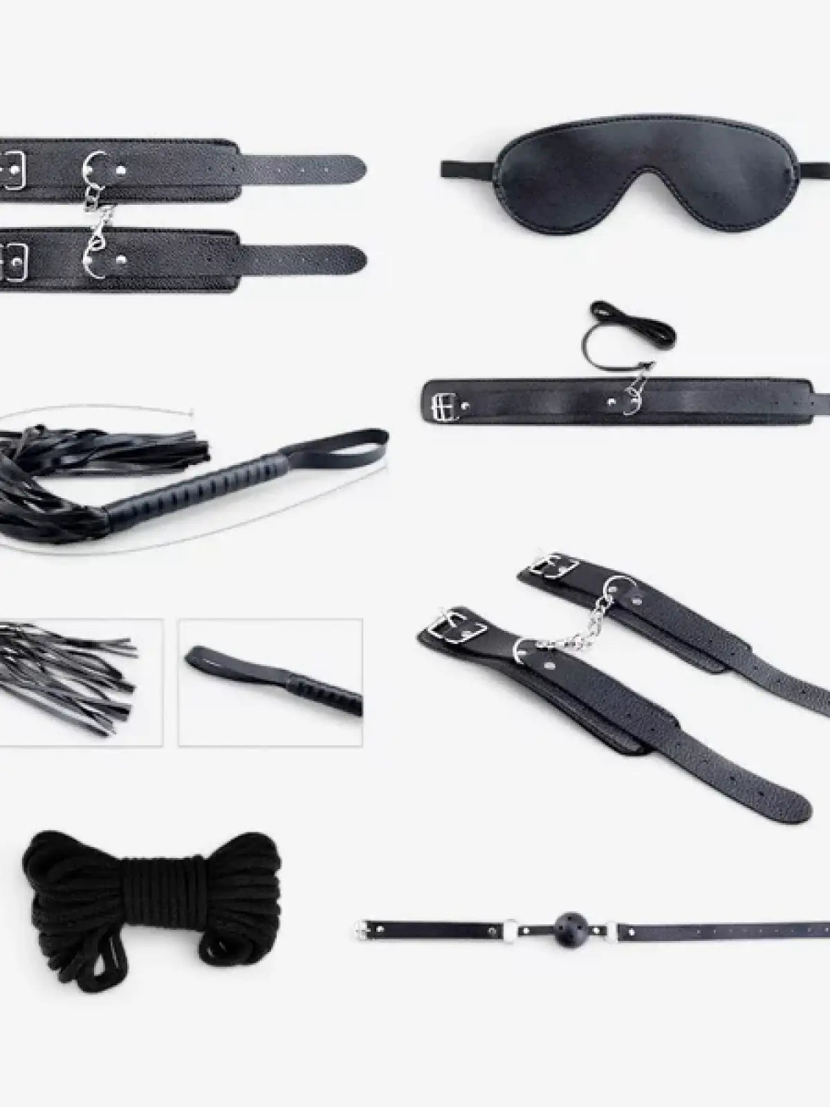 Secret Desires Bondage -setti sisältää 8 eroottista välinettä, jotka sopivat aloittelijoille ja kokeneille nautiskelijoille.